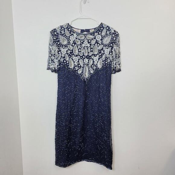 Laurence Kazar Dresses & Skirts - Laurence Kazar Navy Blue Beaded Sparkle Silk‎ Party Event Mini Dress Size Medium